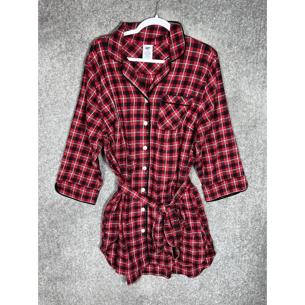 Lands End Flannel Sleepshirt Nightgown Women Size 1X Red Plaid Pockets Belt